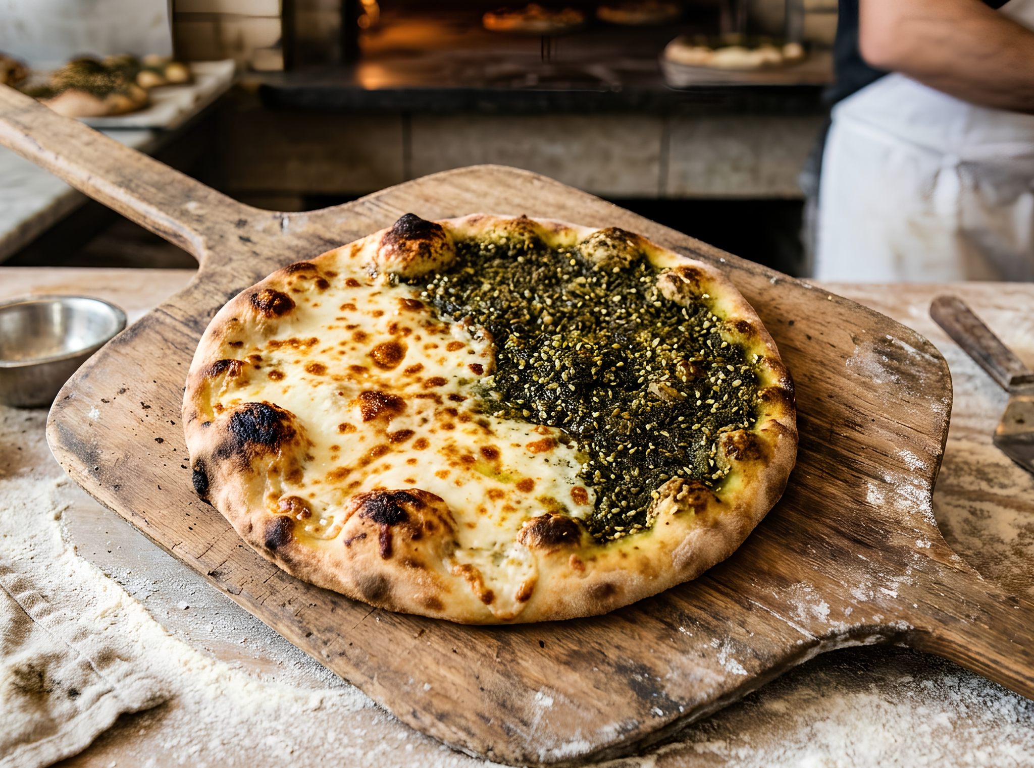 Freshly baked Zaatar and Cheese half-and-half Manaqish flatbread straight from El Gourmet’s live, in-store bakery.