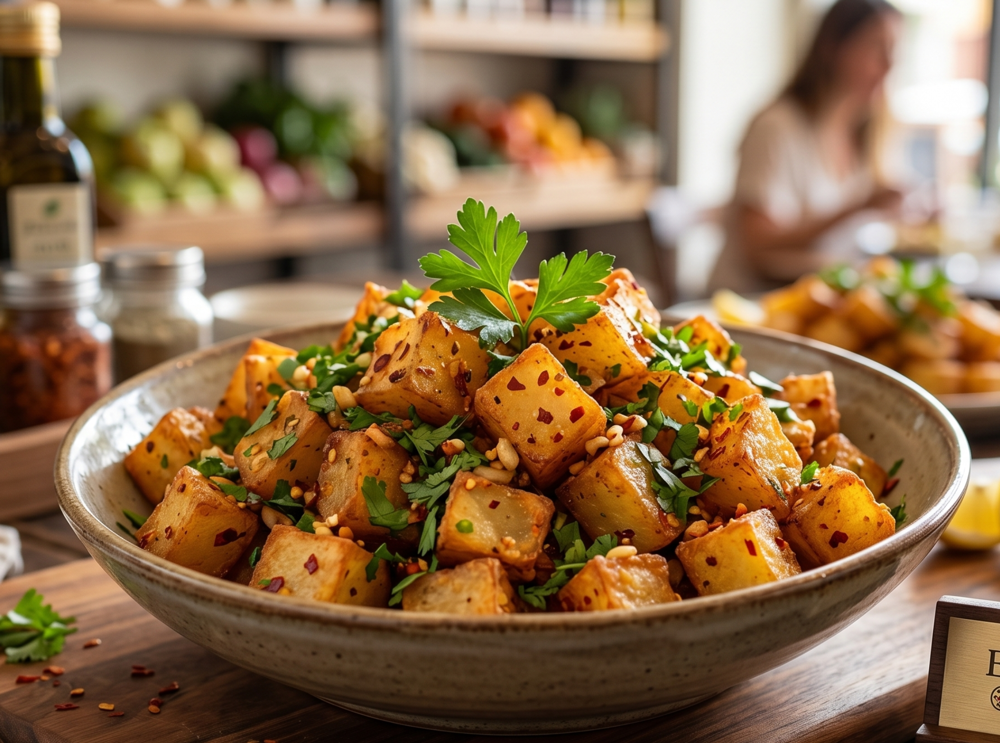 Crispy golden-brown Batata Harra cubes tossed with fresh green cilantro, crushed garlic, and red chili flakes at El Gourmet.