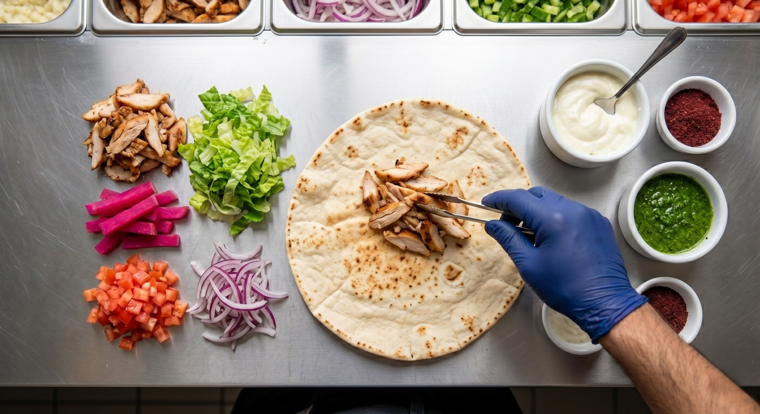 A perfectly presented El Gourmet Beef Shawarma Plate (a customer favorite) in Pickering, featuring the marinated beef, rice, fresh pita, hummus, tabbouleh salad, and dipping sauces.