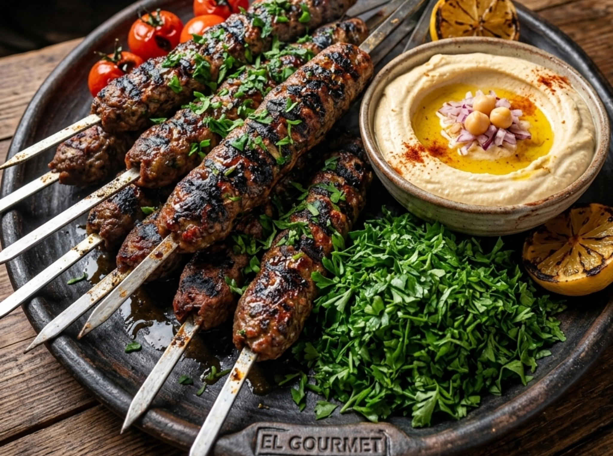 Flame-grilled El Gourmet Kafta skewers charred on an open flame, served with minced onions, parsley, and signature creamy hummus.