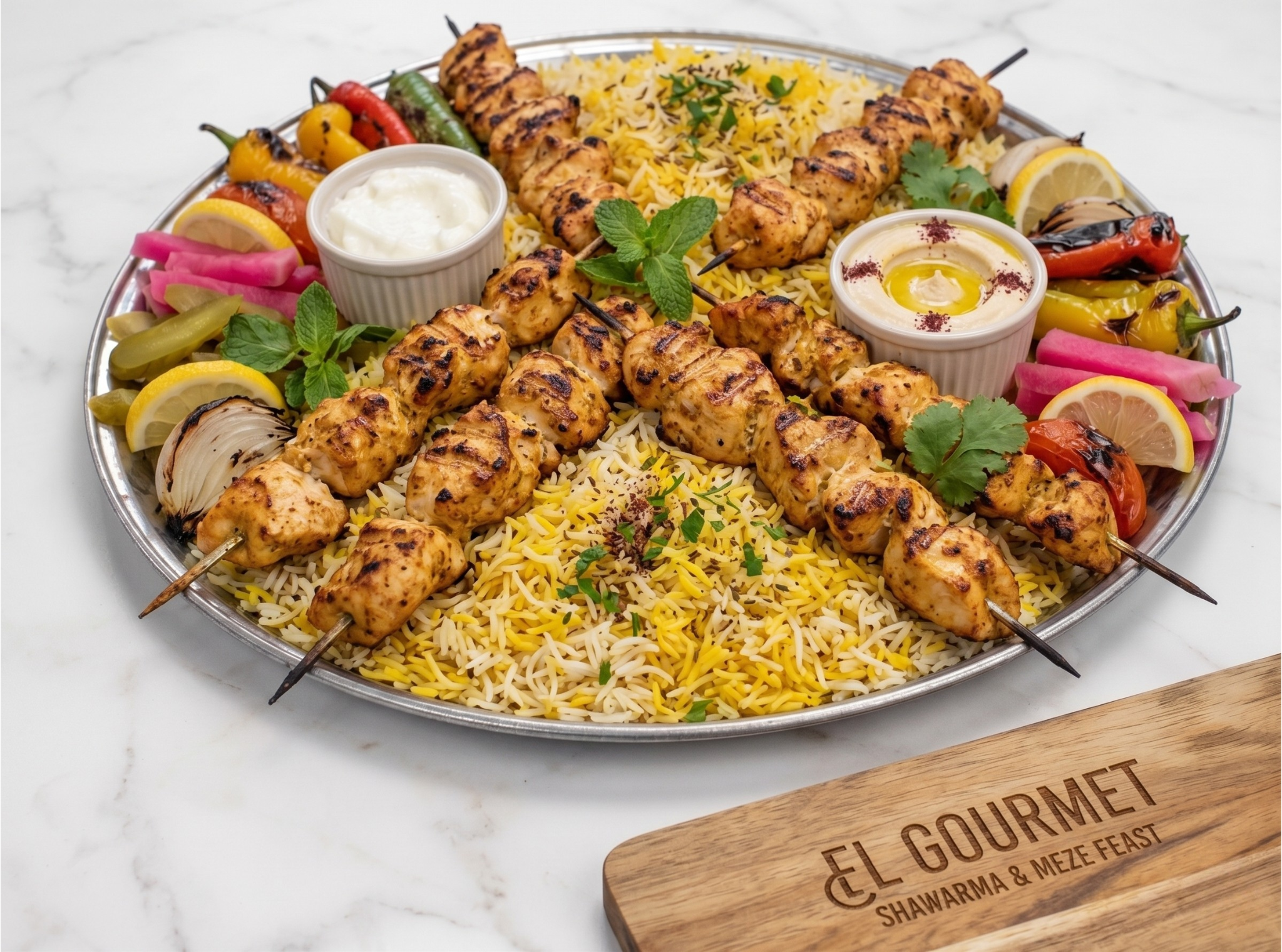 El Gourmet Shish Tawook Platter featuring flame-grilled marinated chicken breast skewers served over aromatic rice with house garlic dip.