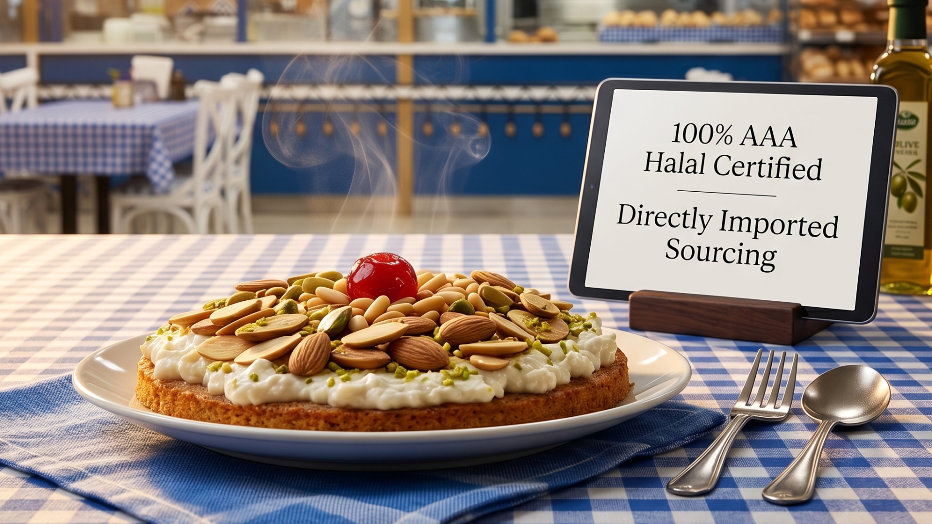 AI-powered digital menu displaying authentic Lebanese Dessert  Mafroukeh  in Pickering El Gourmet restaurant. 
