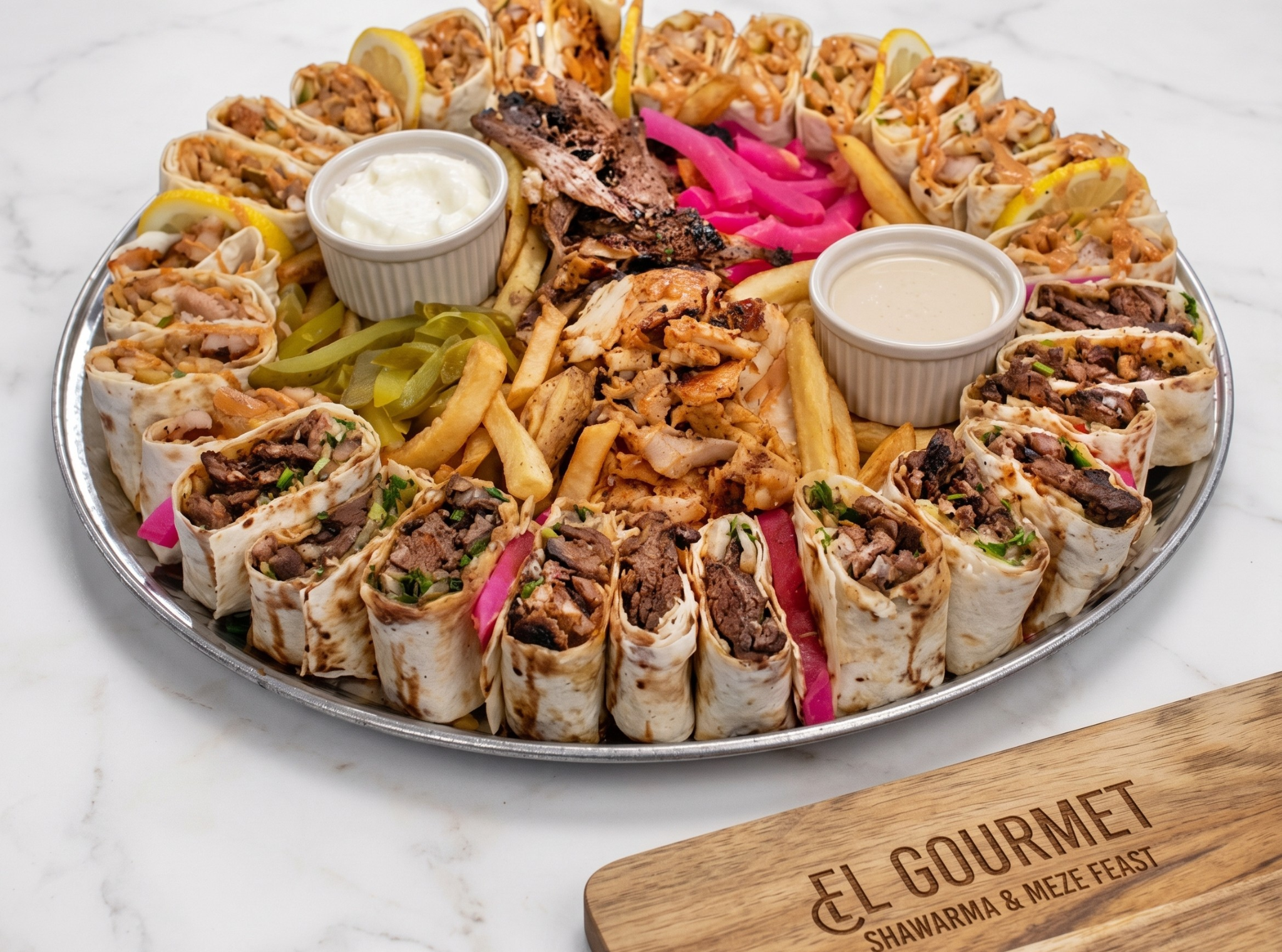  Authentic El Gourmet Chicken Shawarma Wrap sliced diagonally, showcasing slow-roasted halal chicken layers, garlic toum, and crisp pickles.