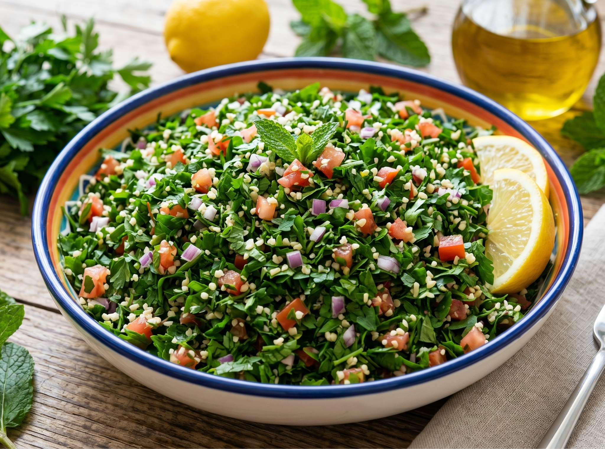 Vibrant, finely chopped authentic Lebanese Tabbouli salad rich in fresh parsley, mint, and diced red tomatoes from El Gourmet.
