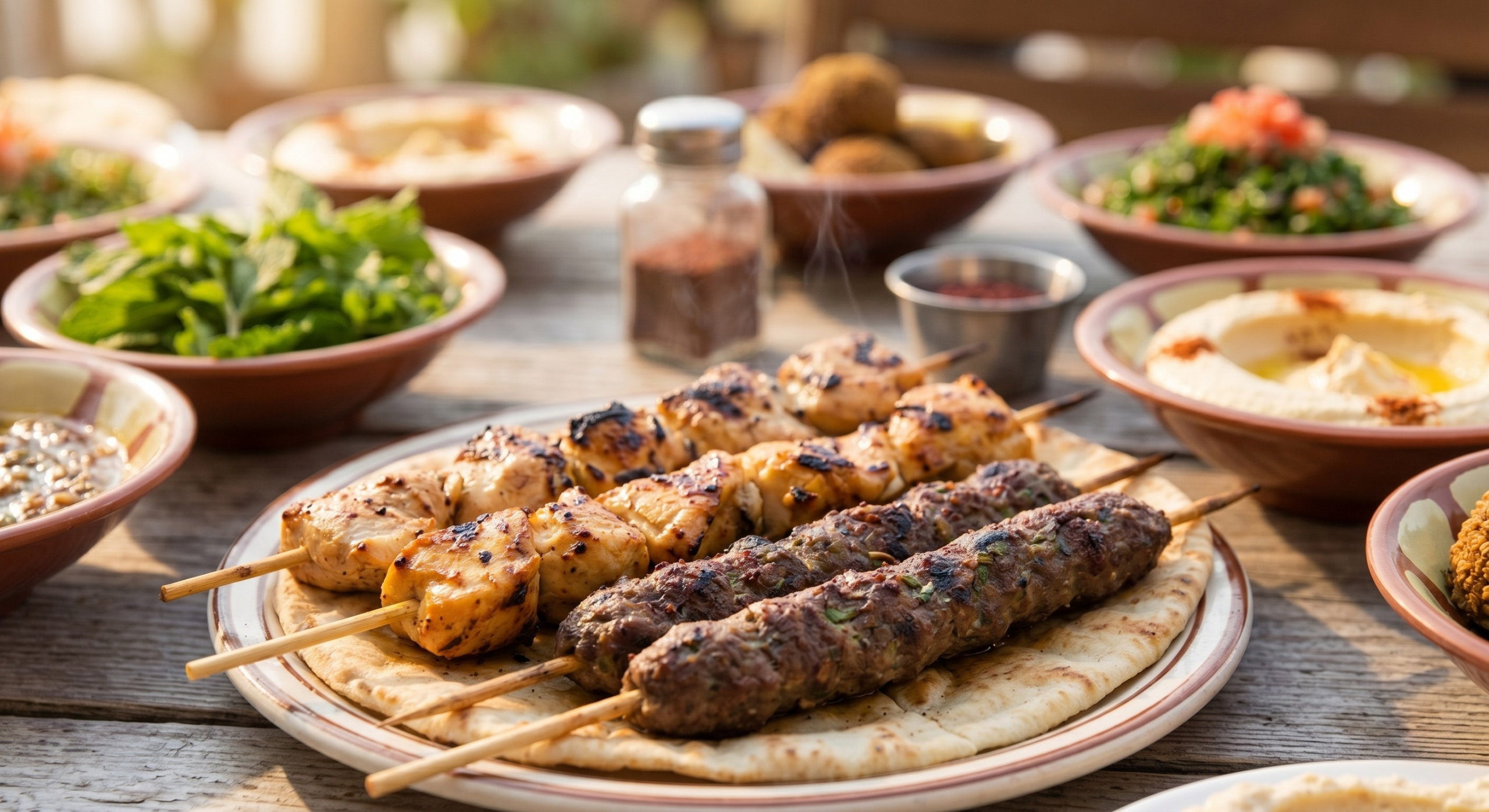 A close-up view of a Lebanese mixed grill platter: skewers of shish tawook (chicken) and kafta (ground meat) resting on a fresh bed of pita, with charred tomatoes.