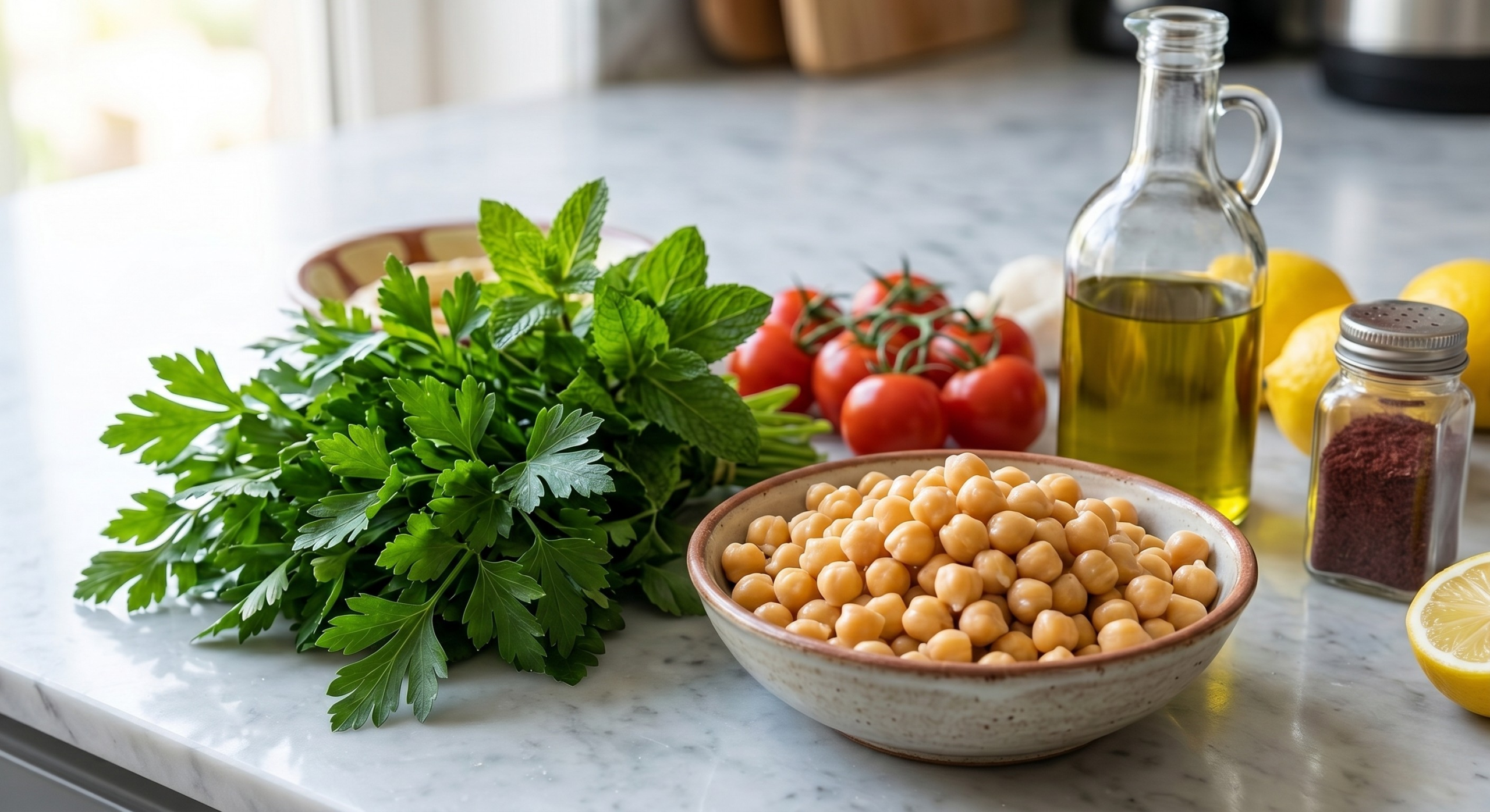 A vibrant assembly of fresh ingredients representing the Mediterranean diet: chickpeas, fresh herbs (parsley, mint), tomatoes, olive oil, and lemons on a stone countertop at El Gourmet.